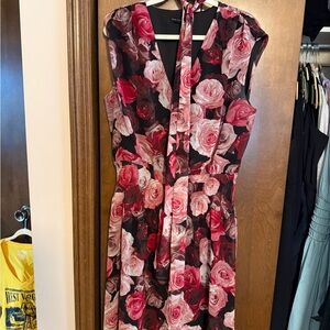 White House Black Market Pink and Black Floral Tie-Neck Midi Dress